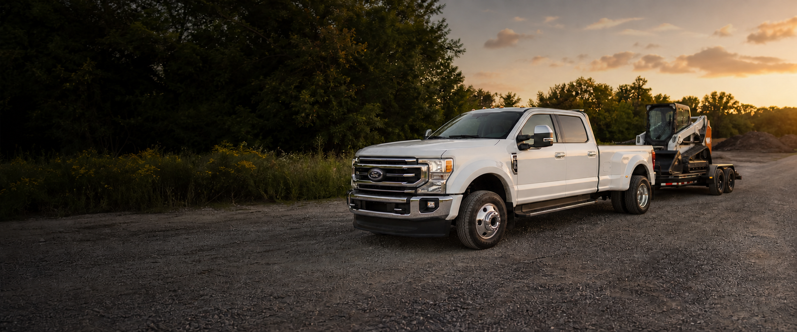 White Ford F-450 dually transporting a compact track loader